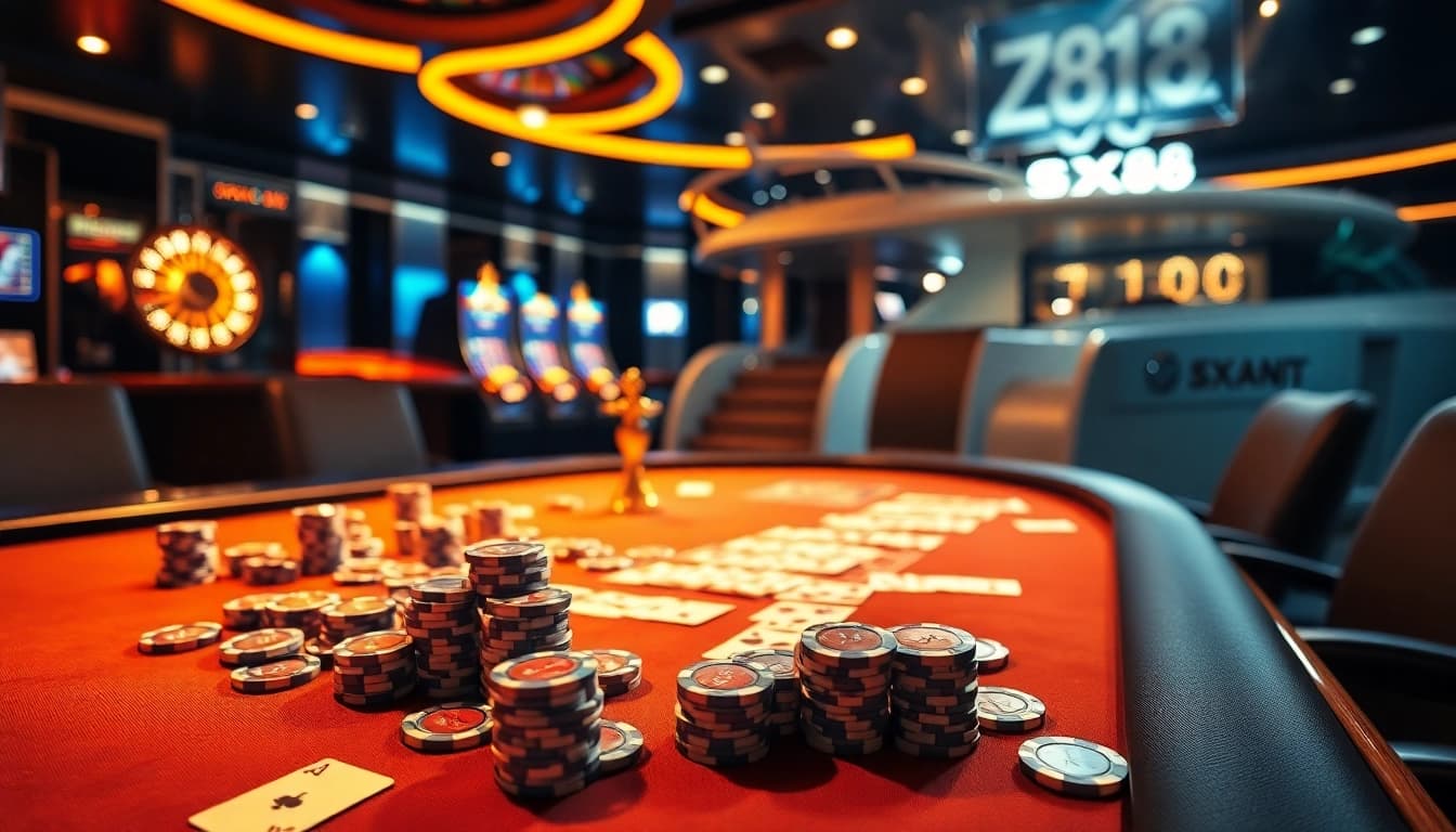 Players enjoying high-stakes poker at the SX88 yacht-themed casino, surrounded by vibrant slot machines.