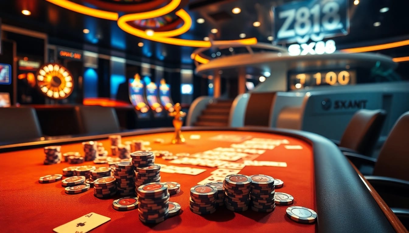 Players enjoying high-stakes poker at the SX88 yacht-themed casino, surrounded by vibrant slot machines.