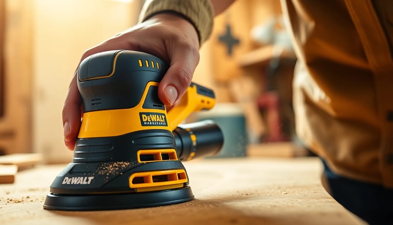 DeWalt DWE6423 sander expertly smoothing wood surface in workshop.