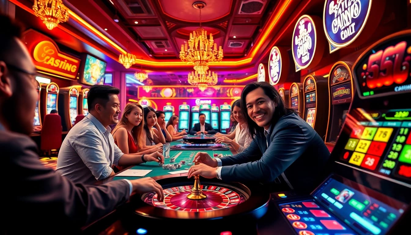 Exciting online gaming scene at QQ88 COM featuring players enjoying poker and slot machines.
