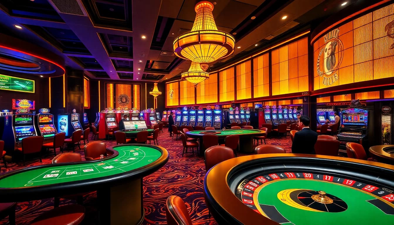 B52CLUB players engaging at an opulent blackjack table amidst vibrant casino lights.