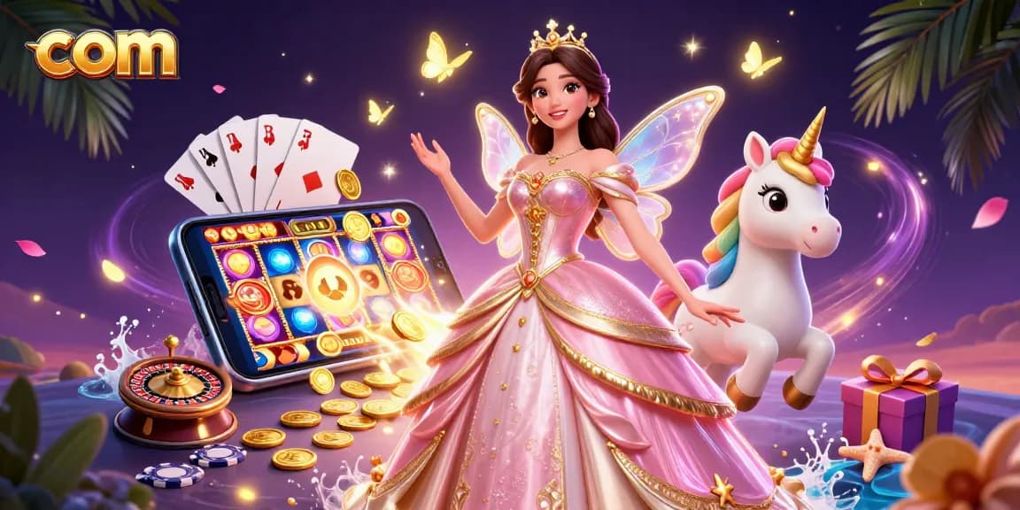 Spin to win at com with colorful slot reels and vibrant characters in a magical casino scene.