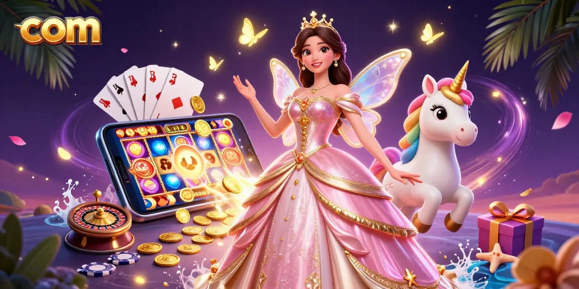 Spin to win at com with colorful slot reels and vibrant characters in a magical casino scene.