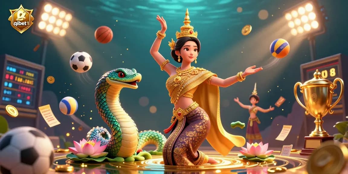 Experience thrilling action at qibet1 with a vibrant 3D illustration of sports betting and traditional elements.