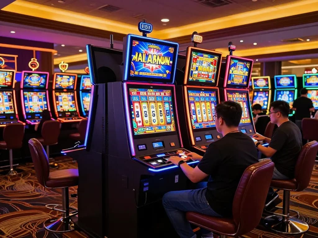 Players enjoying the slot machines at https://fc88.today, vibrant lights and exciting atmosphere.