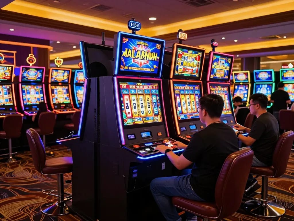 Players enjoying the slot machines at https://fc88.today, vibrant lights and exciting atmosphere.
