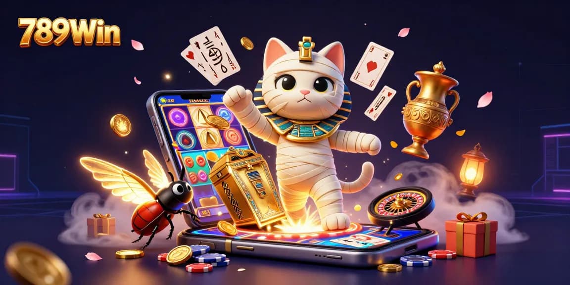 Impressive 3D illustration showcasing the 789Win platform with a mummy cat, golden coins, and dynamic casino elements.