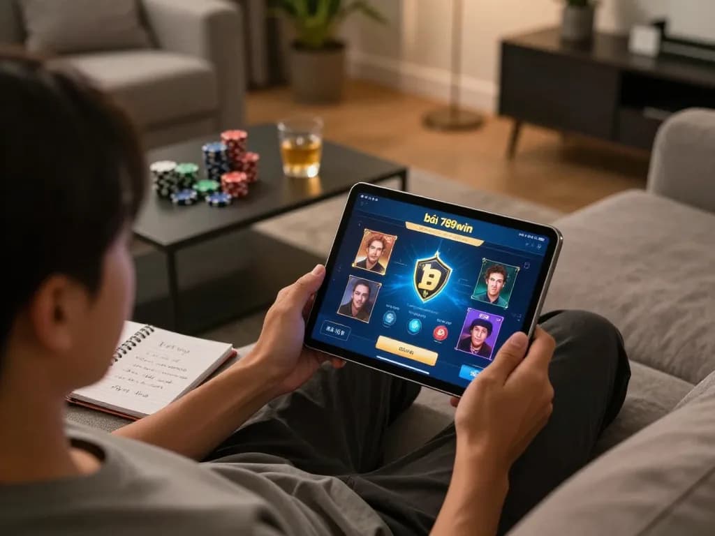 Engaging scene of a player enjoying game bài 789win on a tablet in a cozy home setting, with poker chips and strategies visible.