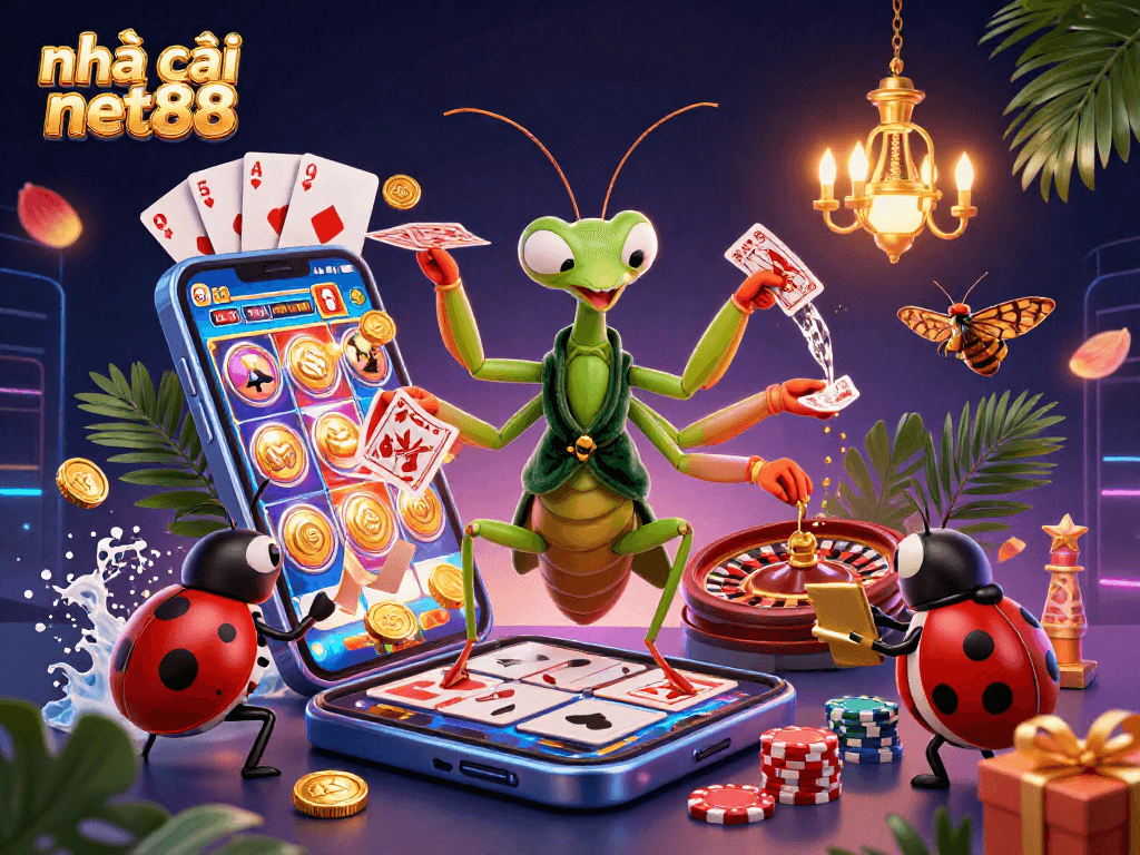 Experience thrilling gaming at nhà cái net88 with a vibrant illustration of unique characters and casino excitement.
