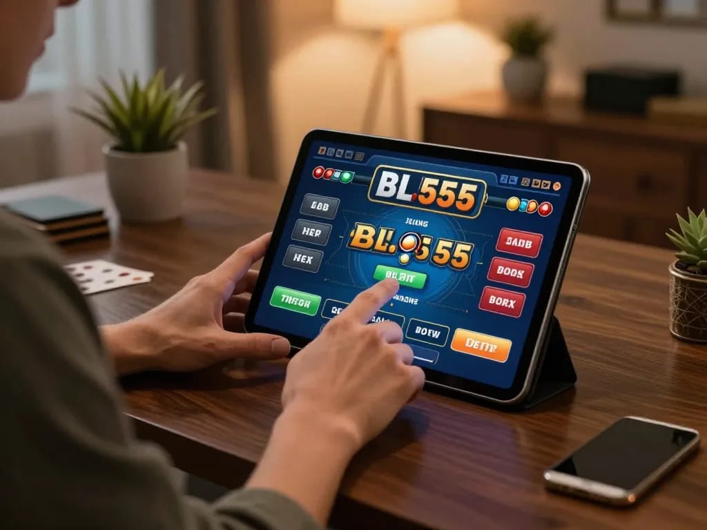 Enjoying live betting at BL555 with a tablet in a stylish home office setting.