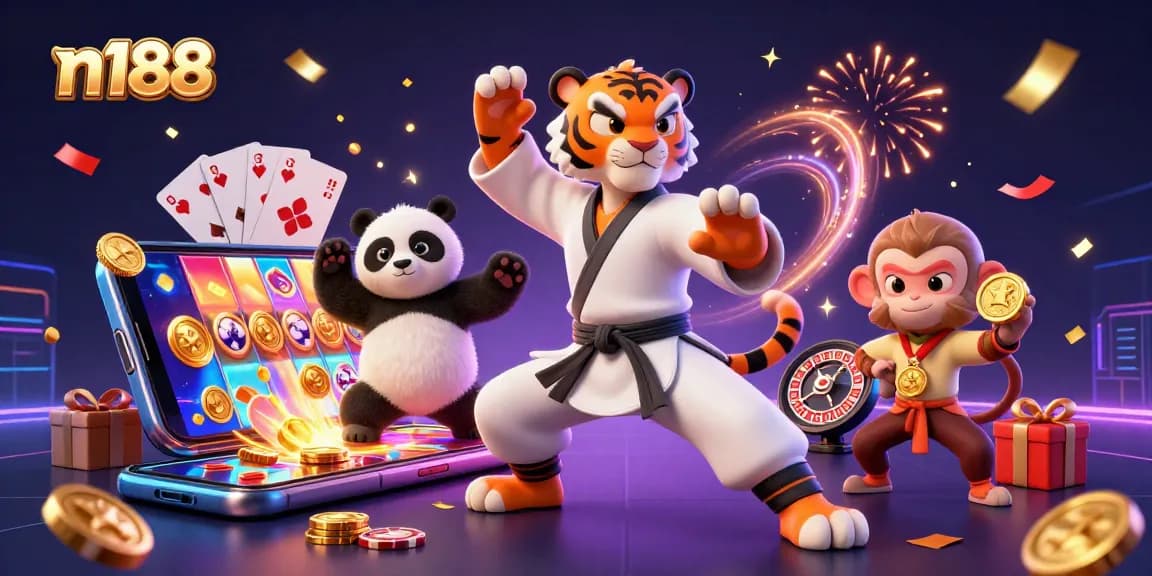 Engage with n188 by experiencing thrilling slots and casino games in a vibrant, cartoonish scene.