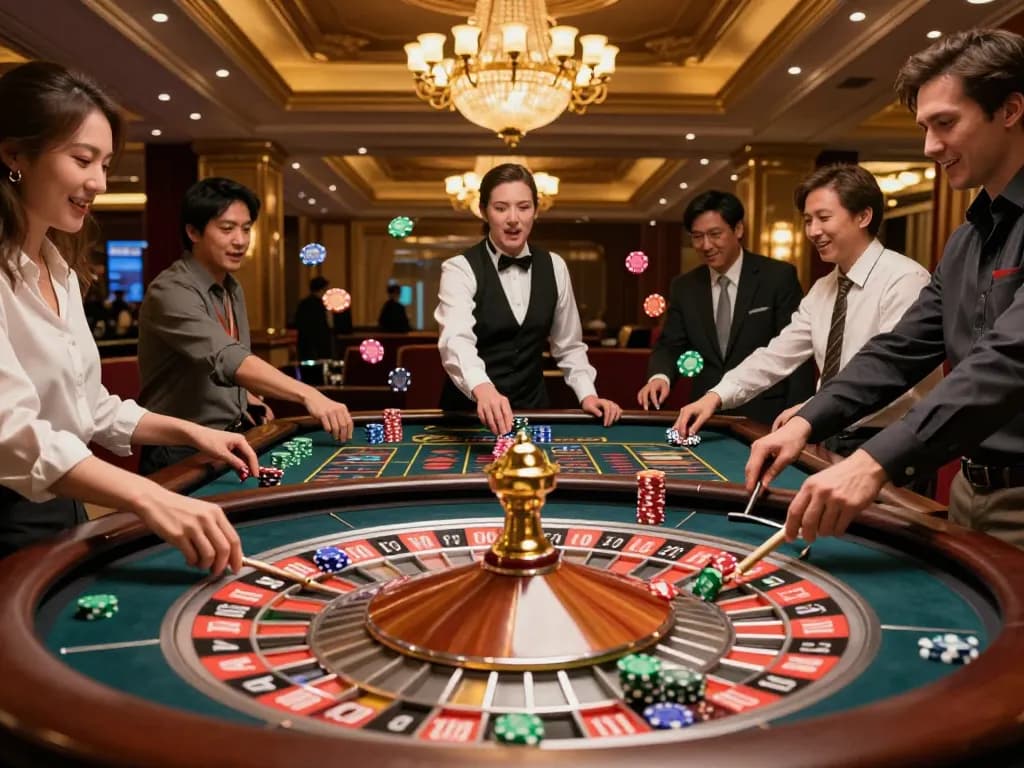 Players engaging at a lively LV88 roulette table, showcasing excitement and strategic bets.