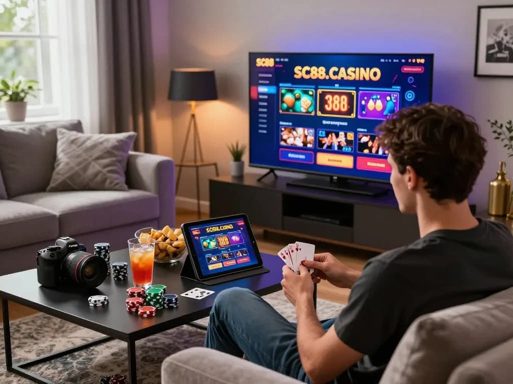 Player enjoying online gaming experience at SC88.CASINO, showcasing luxurious home setting and vibrant atmosphere.
