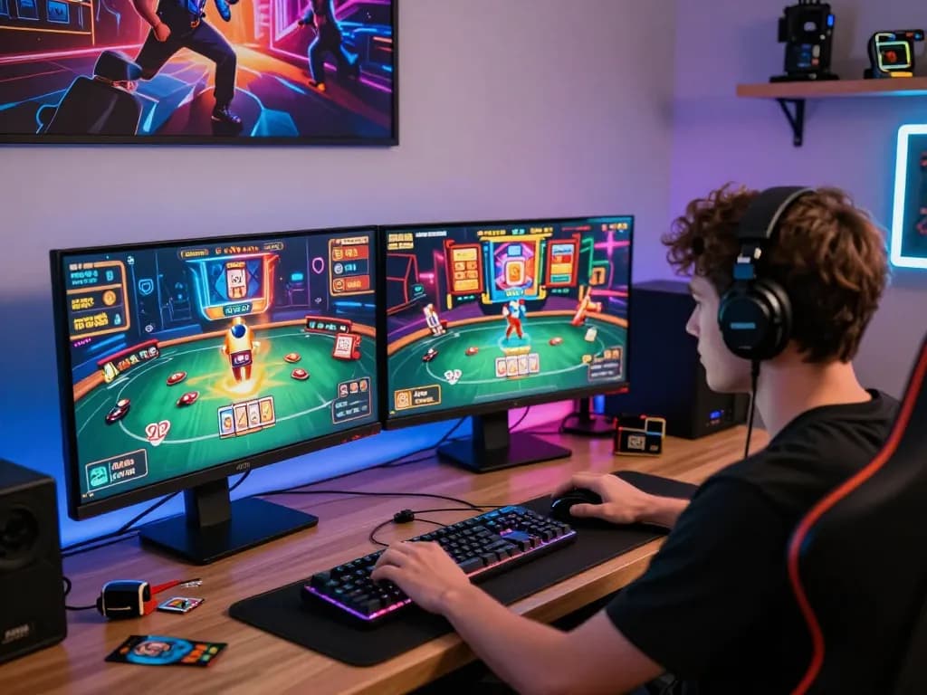 Engaged player experiencing rik vip online gaming with vibrant setups and accessories.