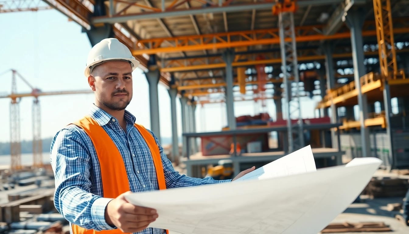 New Jersey Construction Manager overseeing a busy construction site with blueprints.