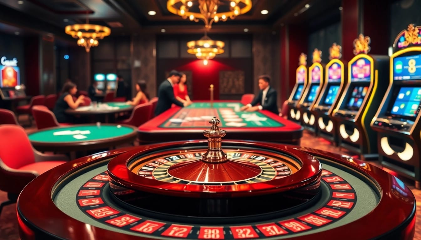 The luxurious atmosphere of https://9bet41.com/ showcases vibrant roulette and poker tables in a high-stakes casino.