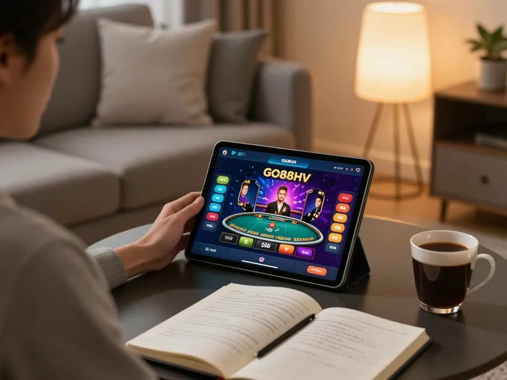 Player engaging with GO88HV app on tablet in a cozy living room, showcasing engaging mobile gameplay.