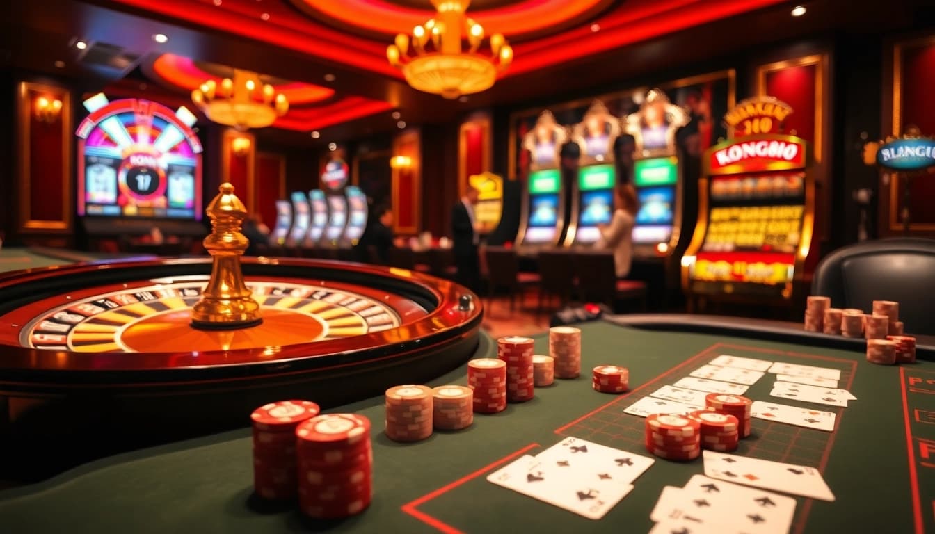 KONG88 gaming table with vibrant chips and cards, surrounded by excitement and luxury.
