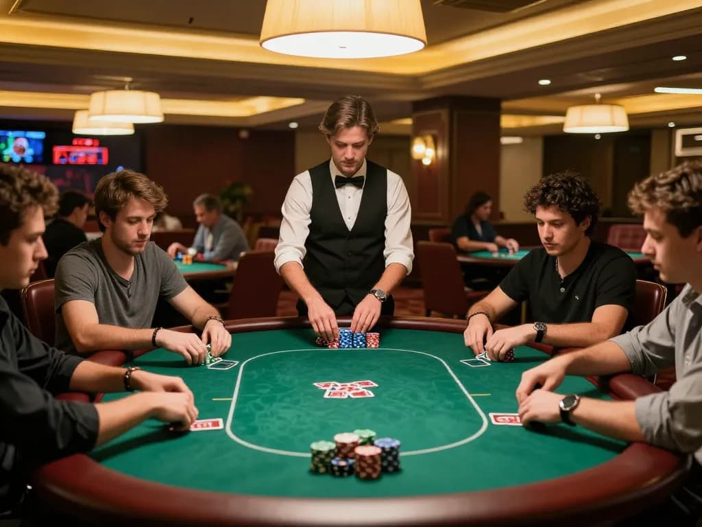 WIN79 players strategizing at a poker table in an upscale casino, vibrant gameplay atmosphere