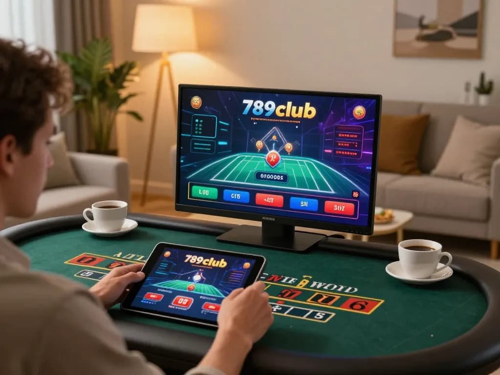 Player enjoying a live dealer game on 789clubb, immersed in a luxurious home gaming setup
