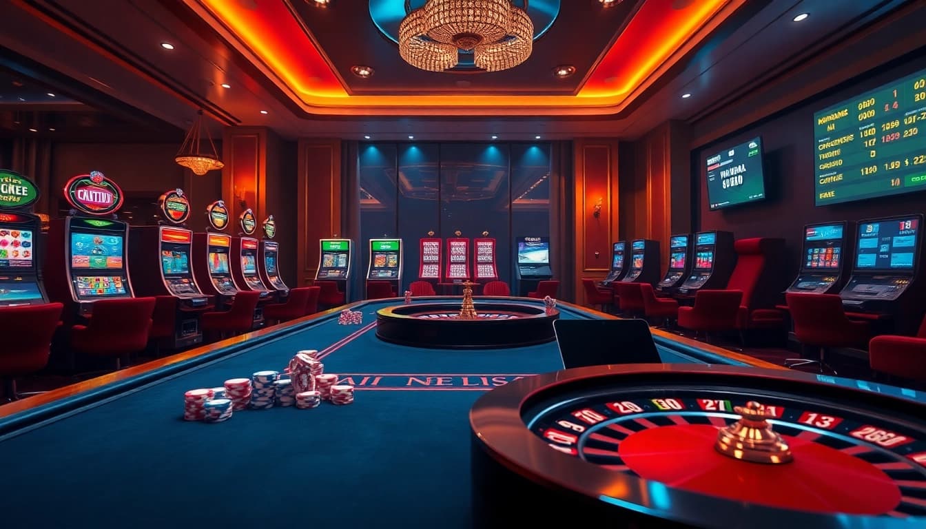 Experience the excitement at Nhà Cái 68VIP with vibrant casino tables and modern slot machines.