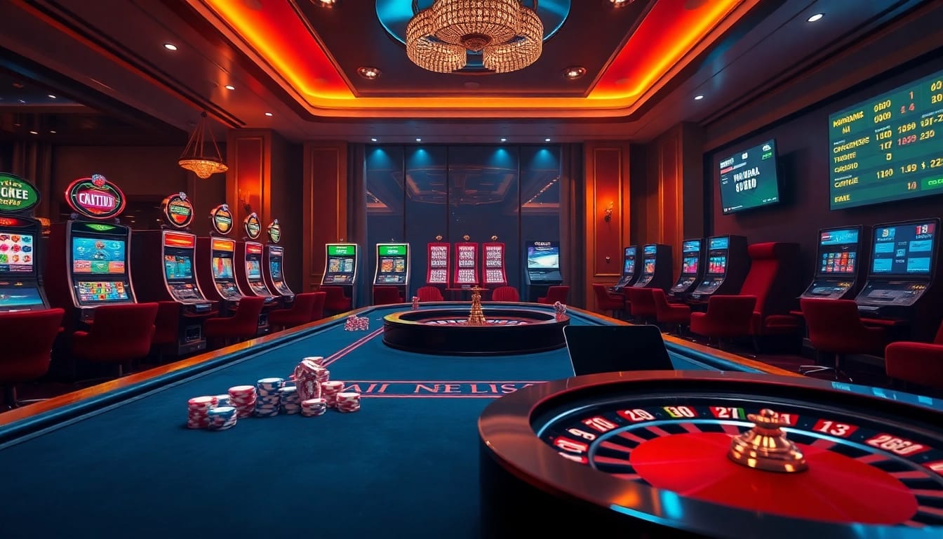 Experience the excitement at Nhà Cái 68VIP with vibrant casino tables and modern slot machines.
