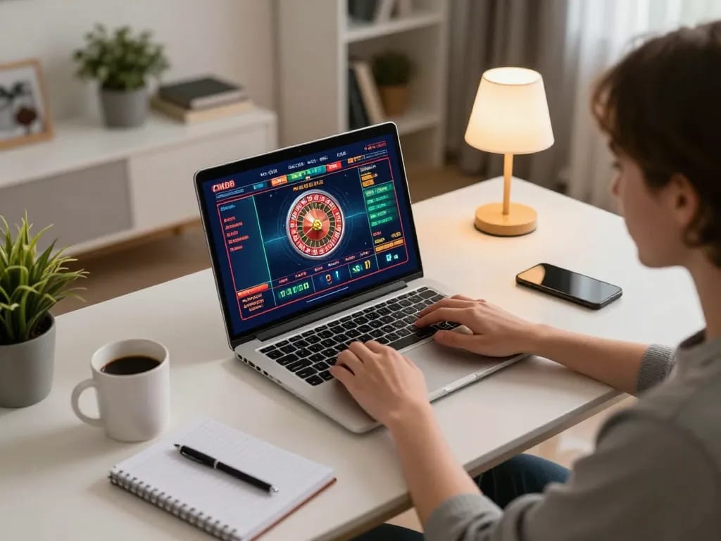 Engaging in CM88 com online gaming from a cozy home setup, featuring a roulette game on the laptop screen.