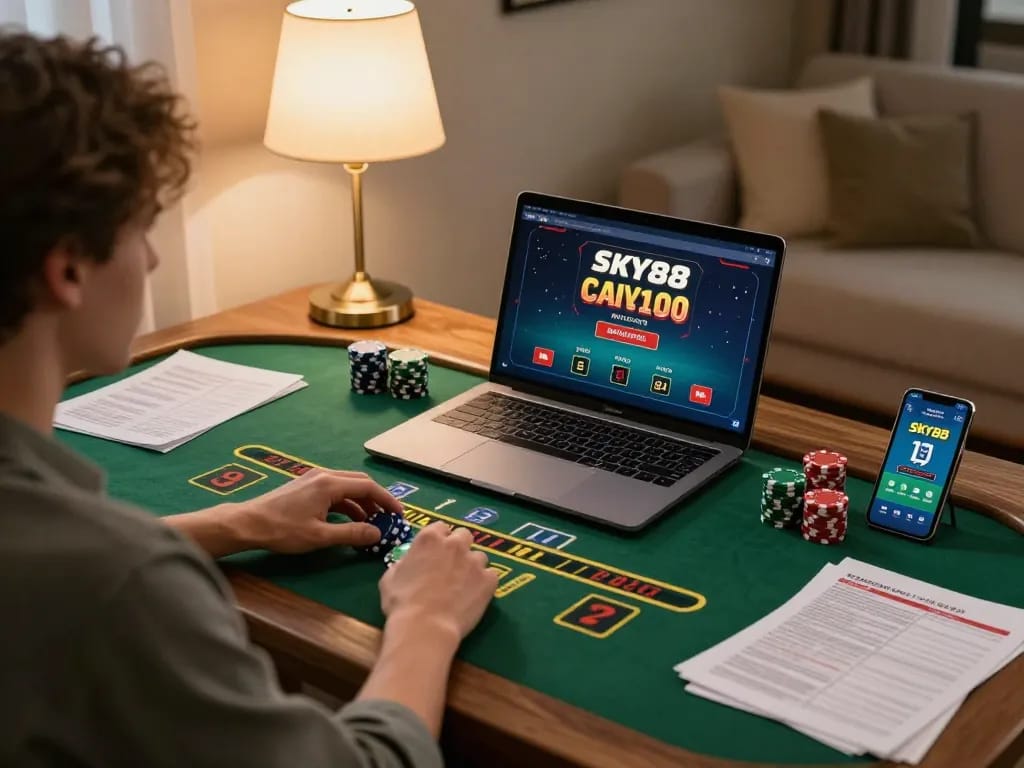 Player engaging in a live dealer blackjack game on a laptop, showcasing the SKY88 app in a cozy environment.