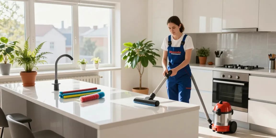 Umzugsreinigung Solothurn scene featuring a professional cleaner ensuring a spotless apartment, highlighting professionalism and attention to detail.