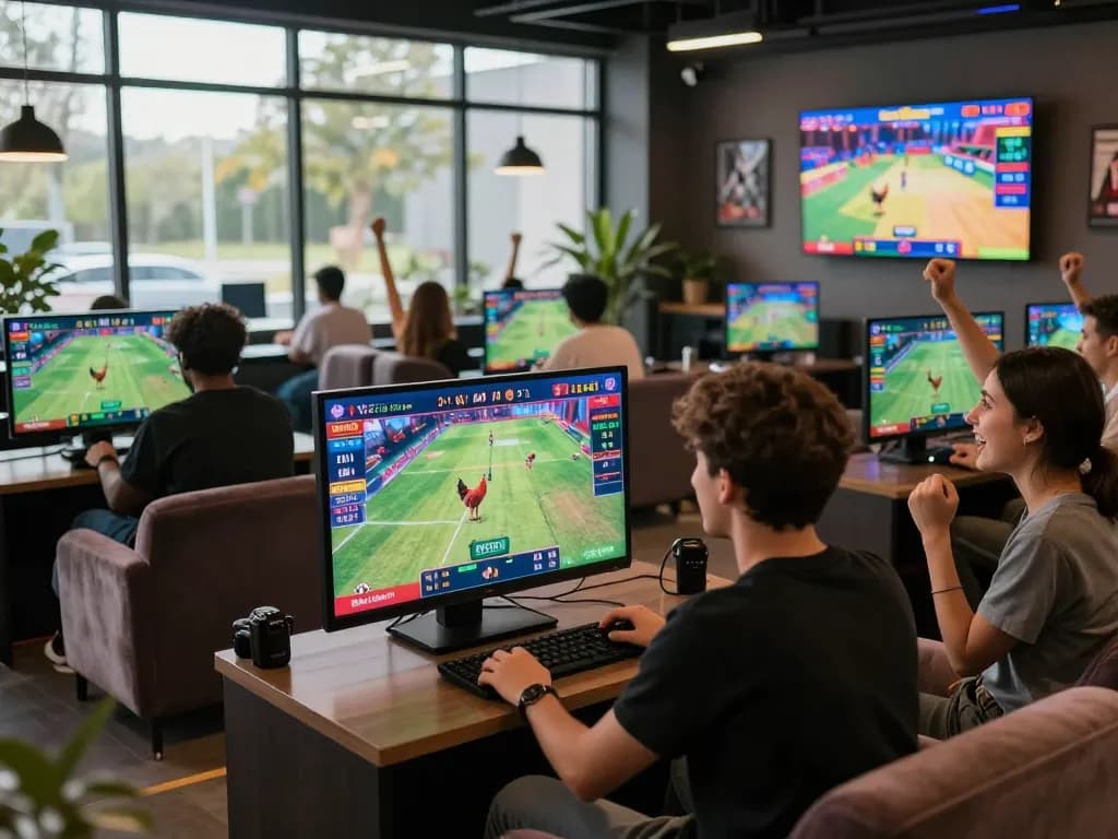 Exciting online betting experience at https://bj388.my with friends enjoying virtual cockfighting events in a vibrant gaming lounge.