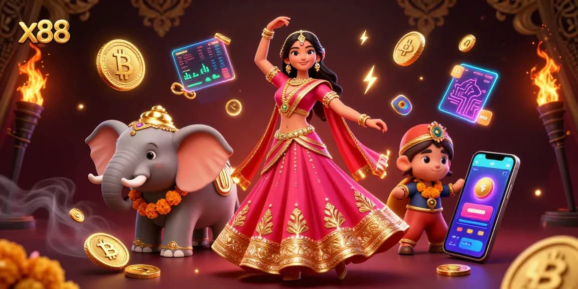 X88 players cashing in on wins with vibrant casino-themed celebration and crypto elements