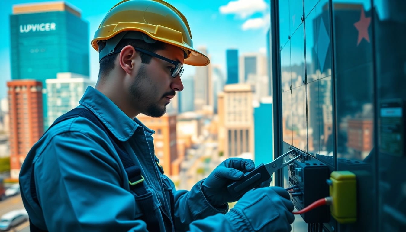 Electrician providing electrical services Vancouver with tools in a vibrant city backdrop.