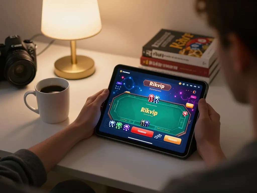 Player enjoying exciting games on the Rikvip platform, strategizing in a cozy home setting.