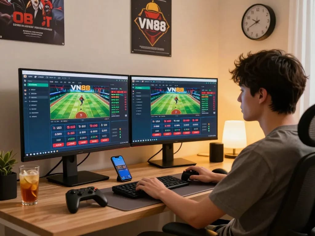 Engaged player using VN88 for online betting in a modern workspace.