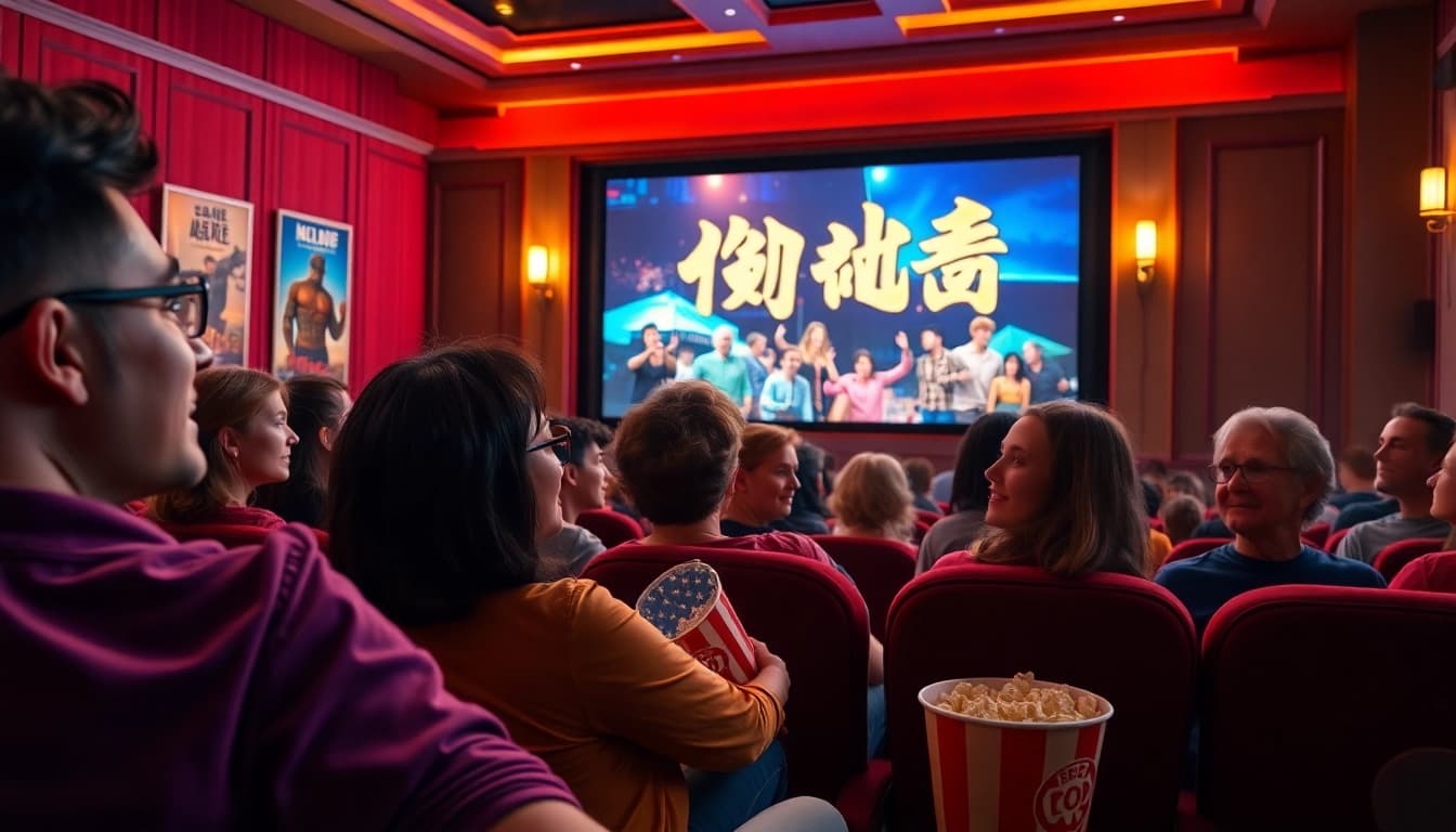 ผู้ชมที่ตื่นเต้นชม หนังออนไลน์ ในโรงภาพยนตร์ที่มีบรรยากาศอบอุ่น