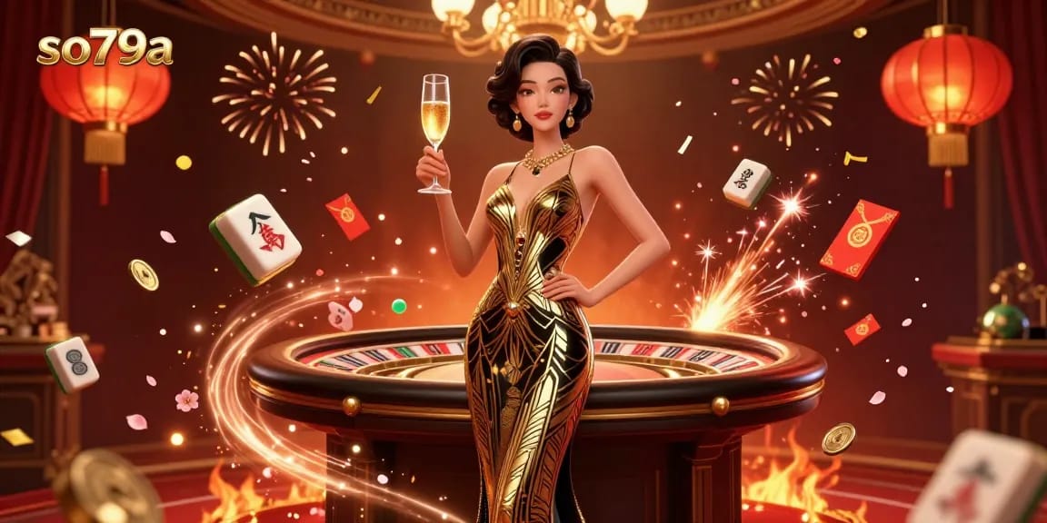 Experience the allure of high stakes as so79a draws you into a vibrant casino atmosphere with an elegant Asian woman and golden decorations.