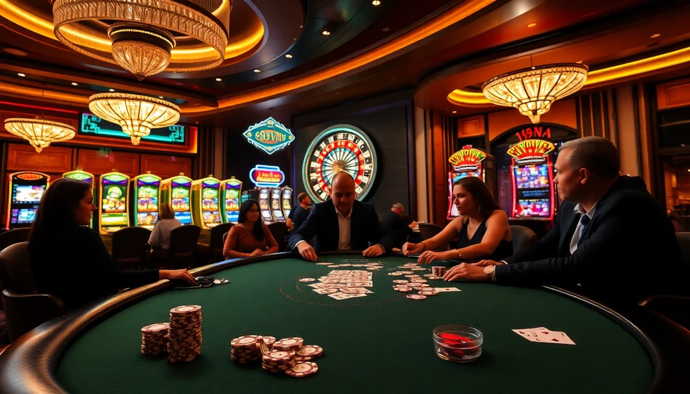 Experience the excitement of 69VN with players at a poker table and a spinning roulette wheel.