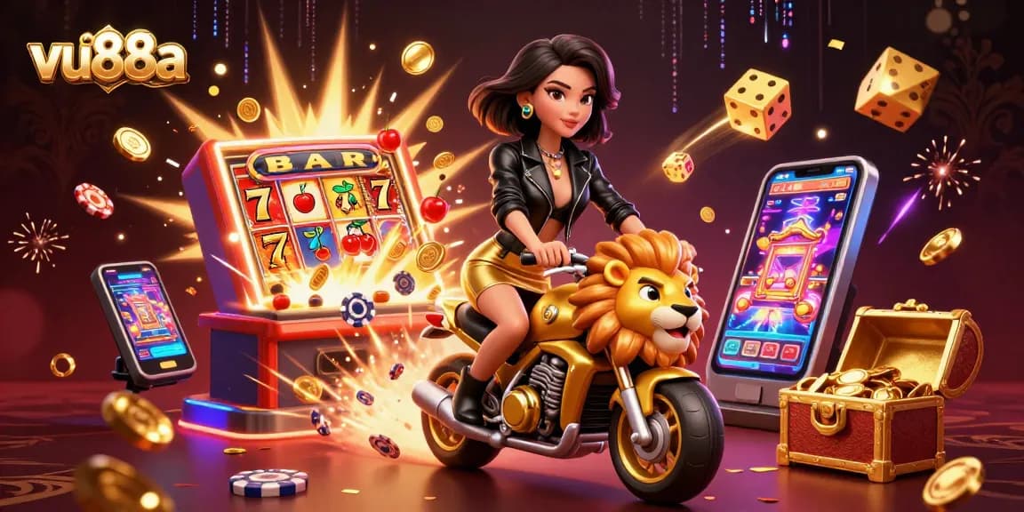 Engage in thrilling games at vu88a with a glamorous player riding a golden lion, showcasing a jackpot explosion.