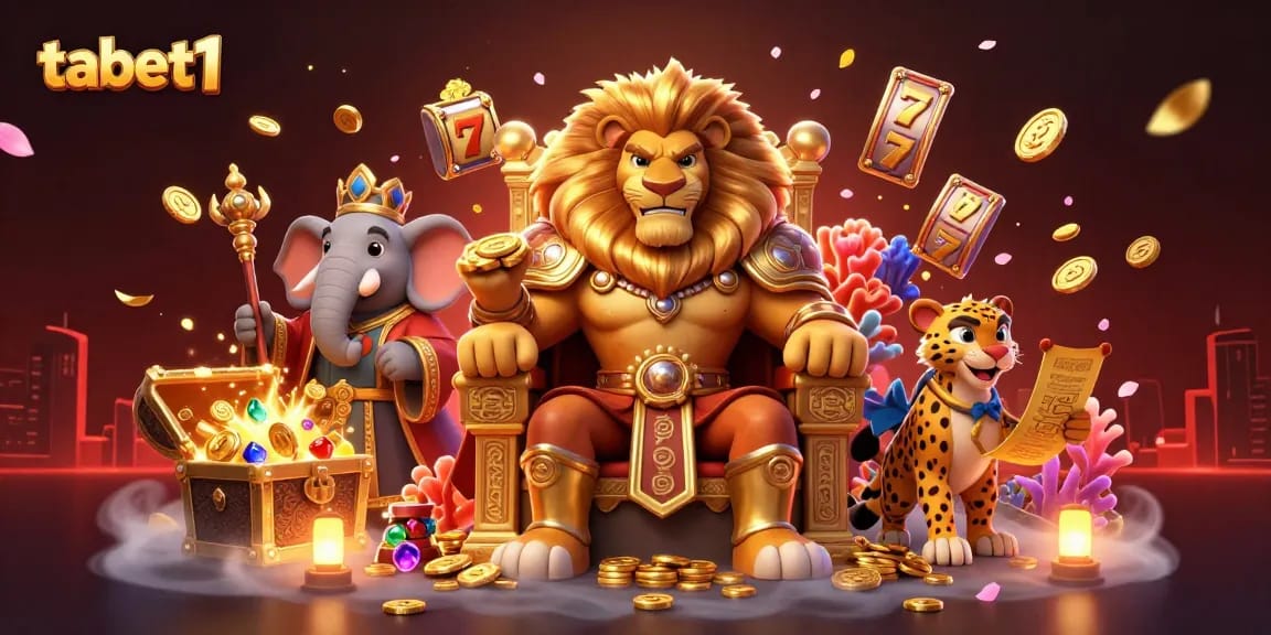 Engage with tabet1's vibrant casino scene showcasing a lion, elephant, and cheetah amidst floating slot reels.
