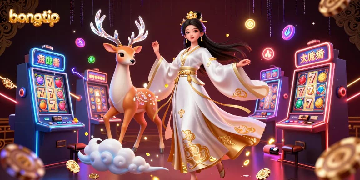 Bongtip showcases a vibrant 3D casino scene with a beautiful Asian woman in hanfu amid slot machines.