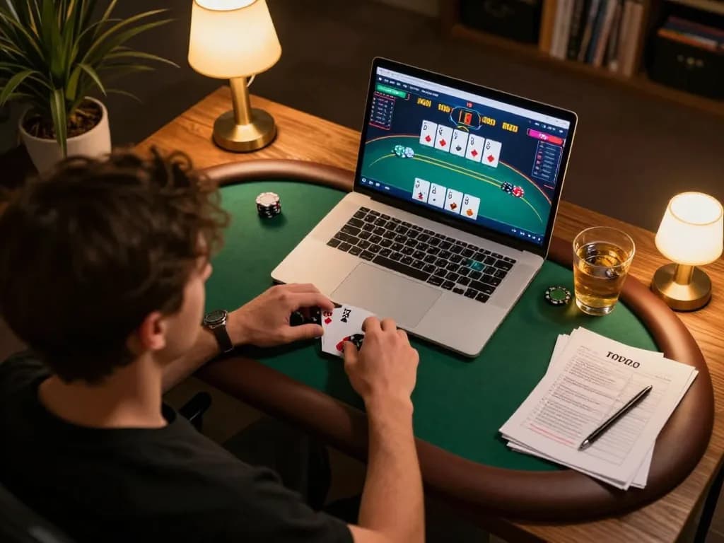 C168 poker player engaging in online game strategy with laptop setup, showcasing action and responsible gambling.