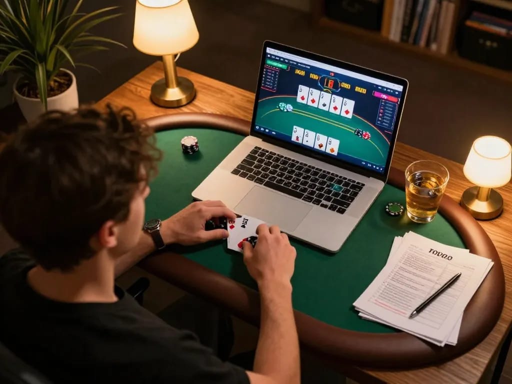 C168 poker player engaging in online game strategy with laptop setup, showcasing action and responsible gambling.