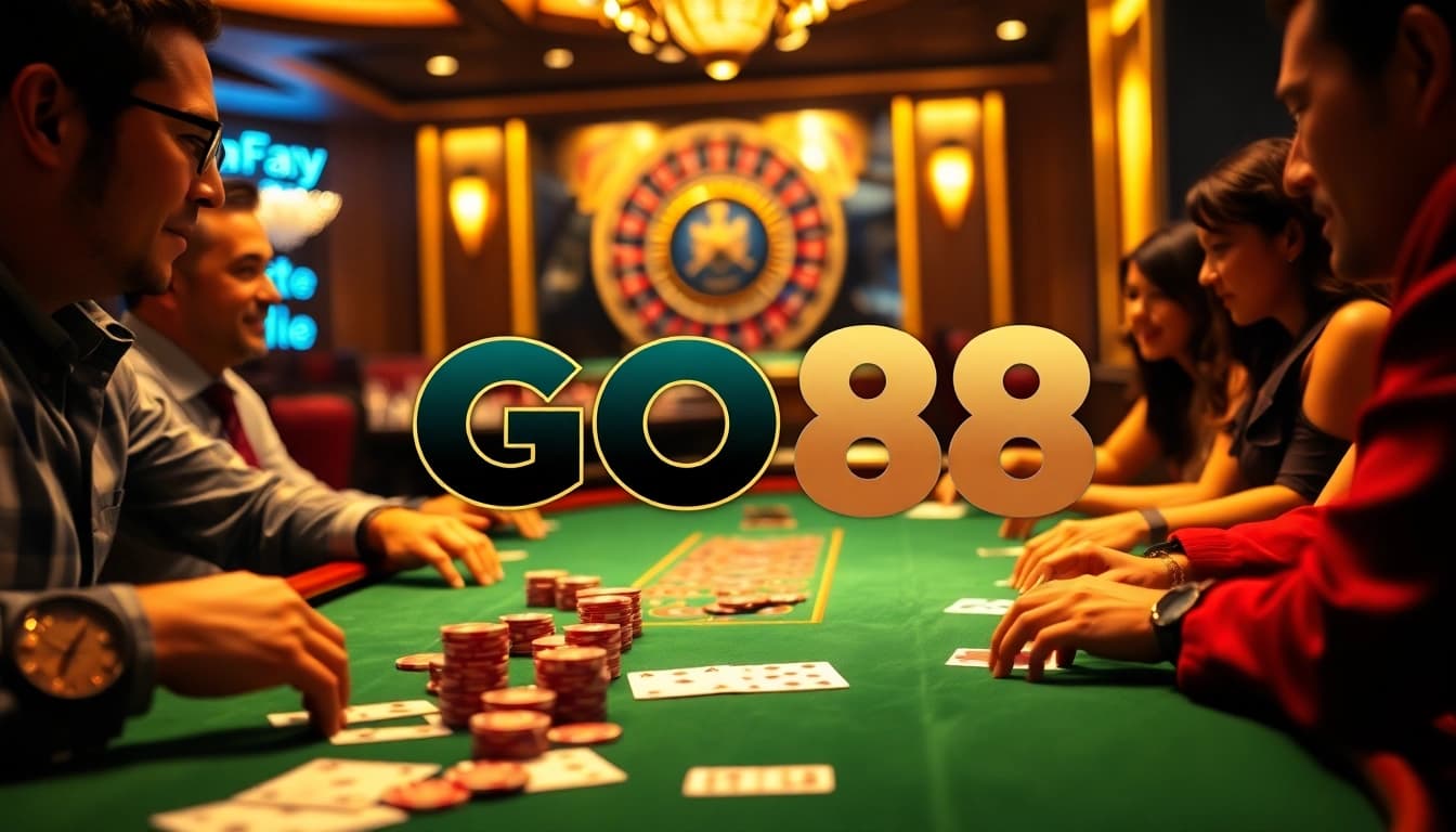 Excited players engaging in a GO88 casino game at a stylish poker table with vibrant chips and a roulette wheel.