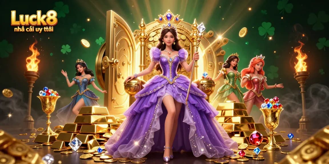 Join the excitement at Luck8 nhà cái uy tín with a regal Asian character amidst sparkling treasures and casino elements.