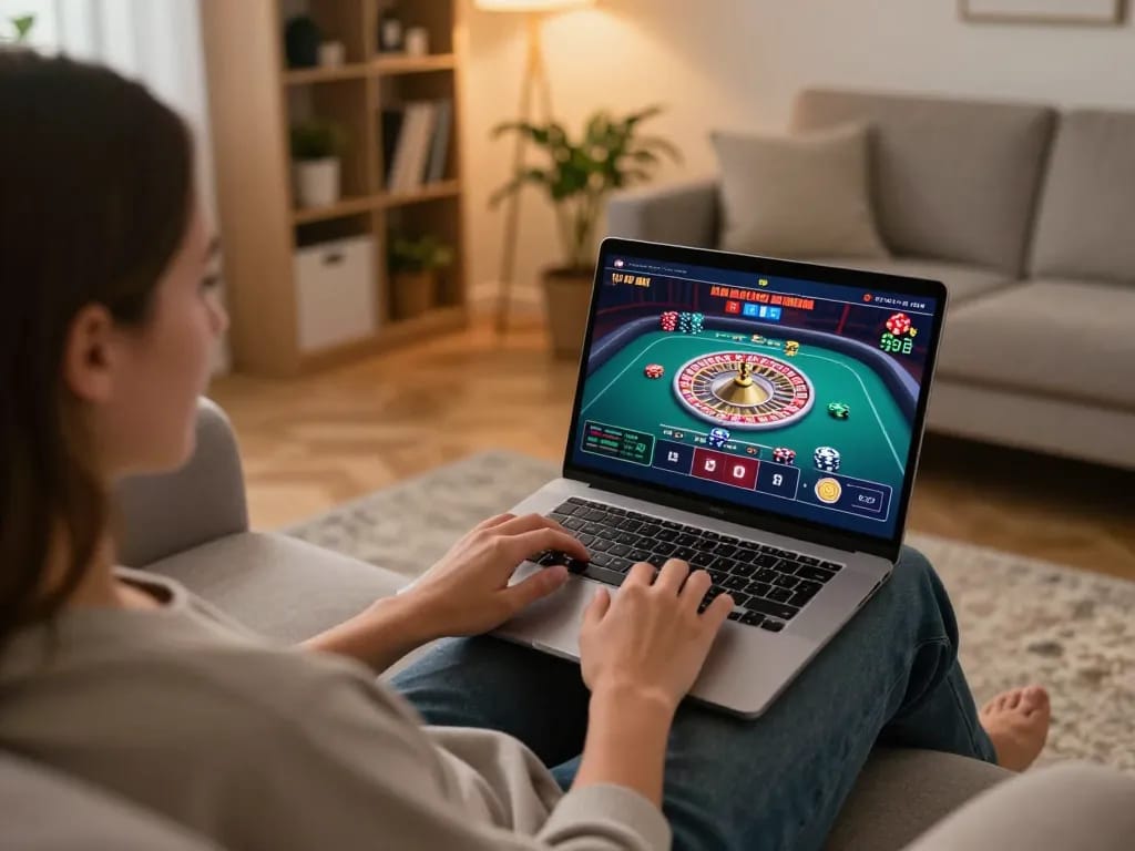 Engaging with nhà cái KP88 at home, enjoying live dealer roulette on a laptop in a cozy setting