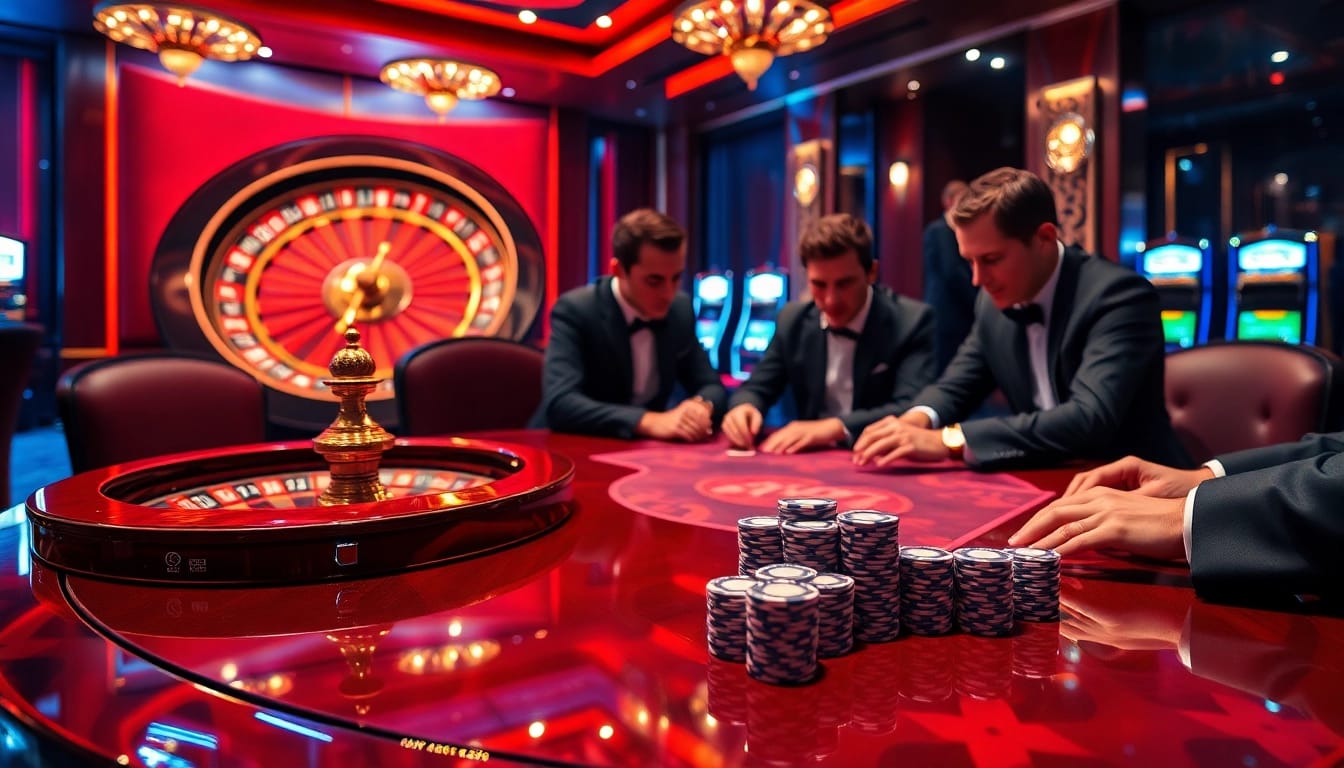 The thrilling atmosphere of a high-stakes poker game at https://debet13.com/, featuring chips, cards, and excitement.
