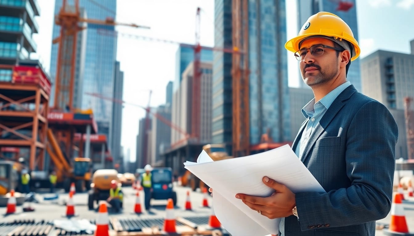 New York Construction Manager directing construction activities on a lively site, showcasing teamwork and infrastructure.