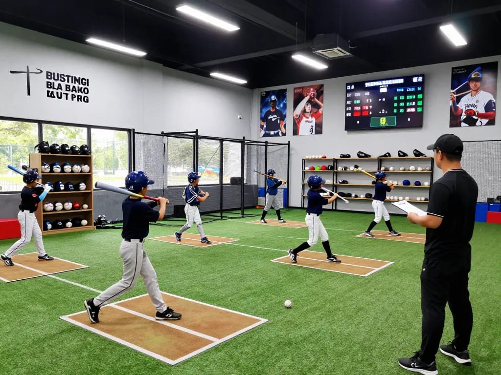 Hitclub baseball training facility scene with young athletes honing skills and a coach providing guidance.