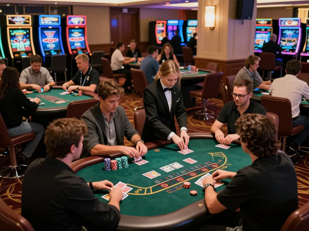 Players at fabet blackjack tables engaged in lively gameplay with colorful chips and professional dealers