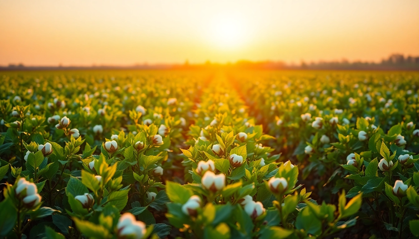 Veld met katoenplanten in de ochtend, verlicht door gouden zonlicht.